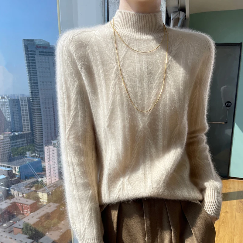 Long-sleeved women\'s sweater in autumn and winter 100% merino wool solid color semi-high collar cashmere knitted pullover top