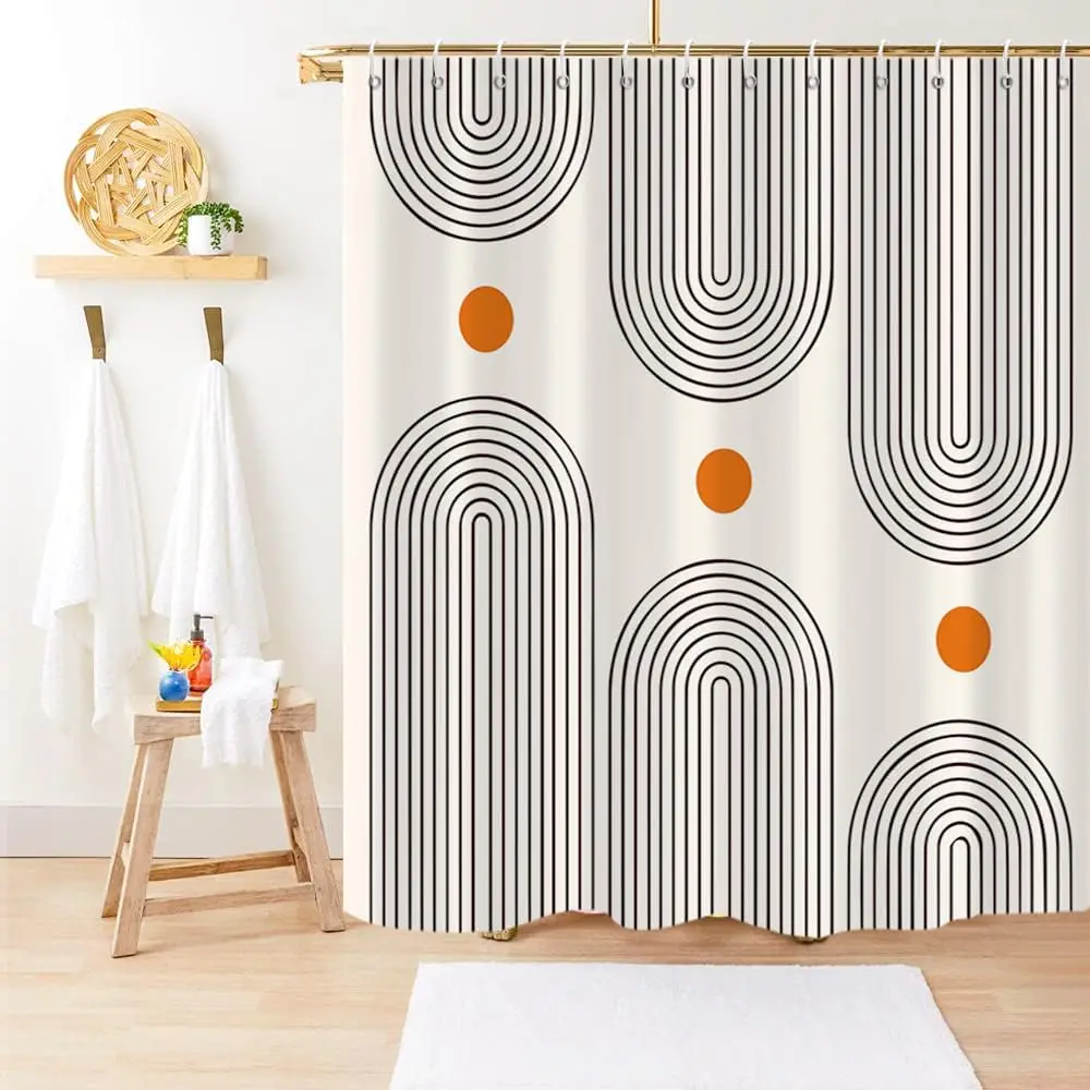Boho Mid Century Shower Curtain, Minimalist Abstract Arch Simple Sun Modern Machine Washable Waterproof for Bathroom Decor