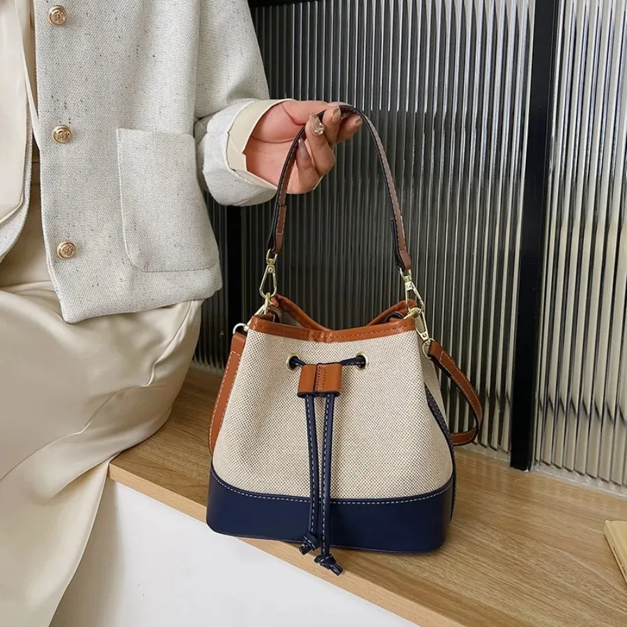 

New fashion summer canvas bucket bag collision color simple ladies handbag drawstring single shoulder diagonal cross bag