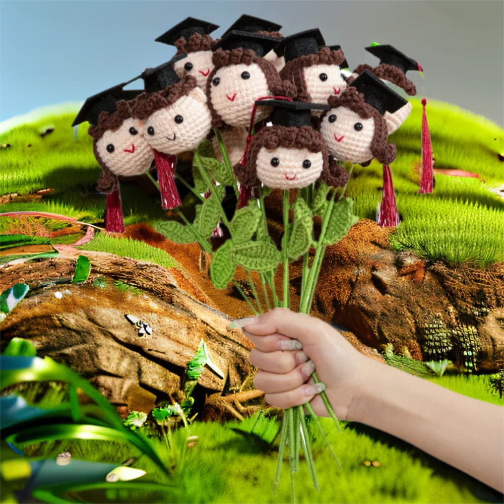 Gorros de Doctoral, flor tejida para graduación, hilo Artificial tejido a mano, ramo de flores de graduación, diseño de ganchillo de flores tejidas