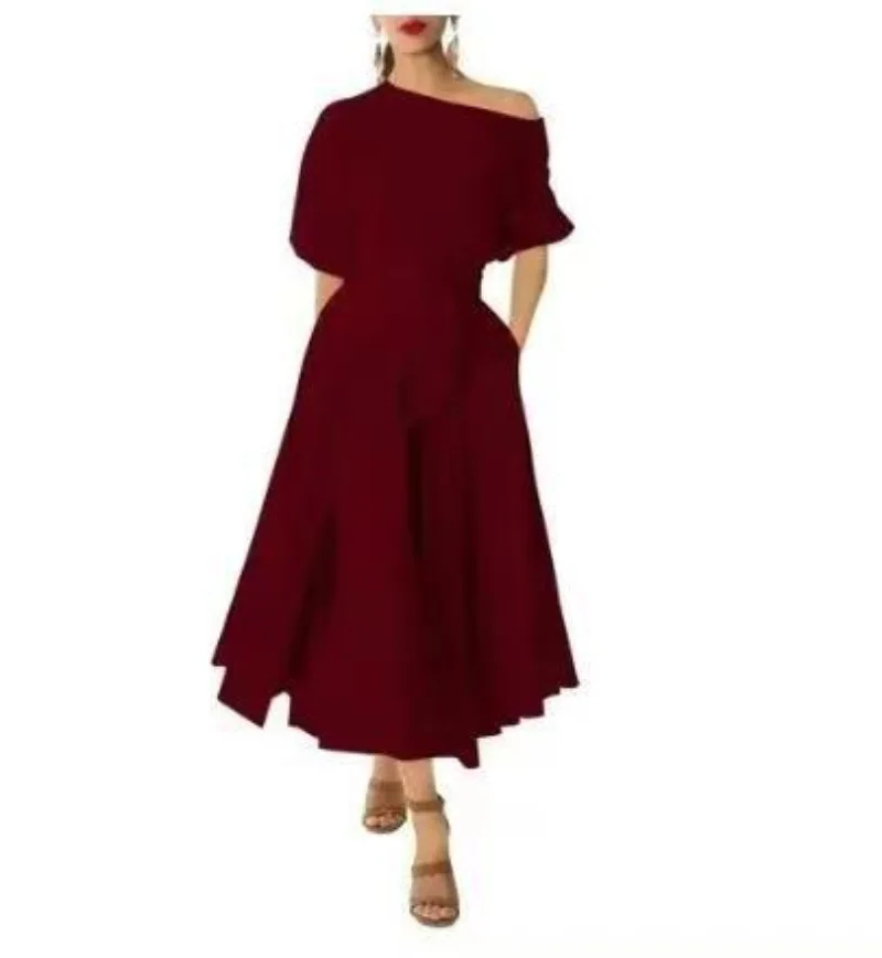 Summer, Slanted Shoulder Collar Strap Waist Temperament Solid Color Dress