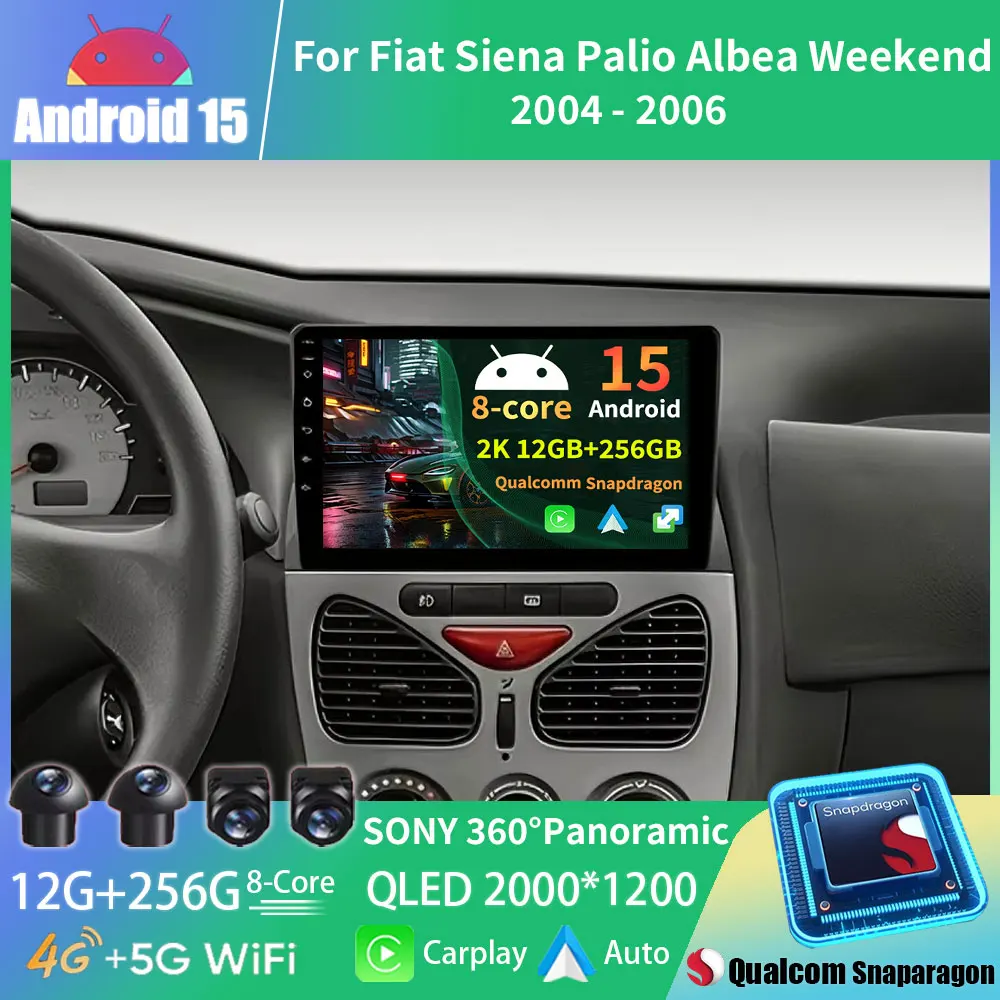 Para Fiat Siena/Palio/Albea/Weekend 1996-2004 LHD Android 15 Rádio de carro Multimídia Player de vídeo CarPlay Auto 4G GPS Unidade principal QLED