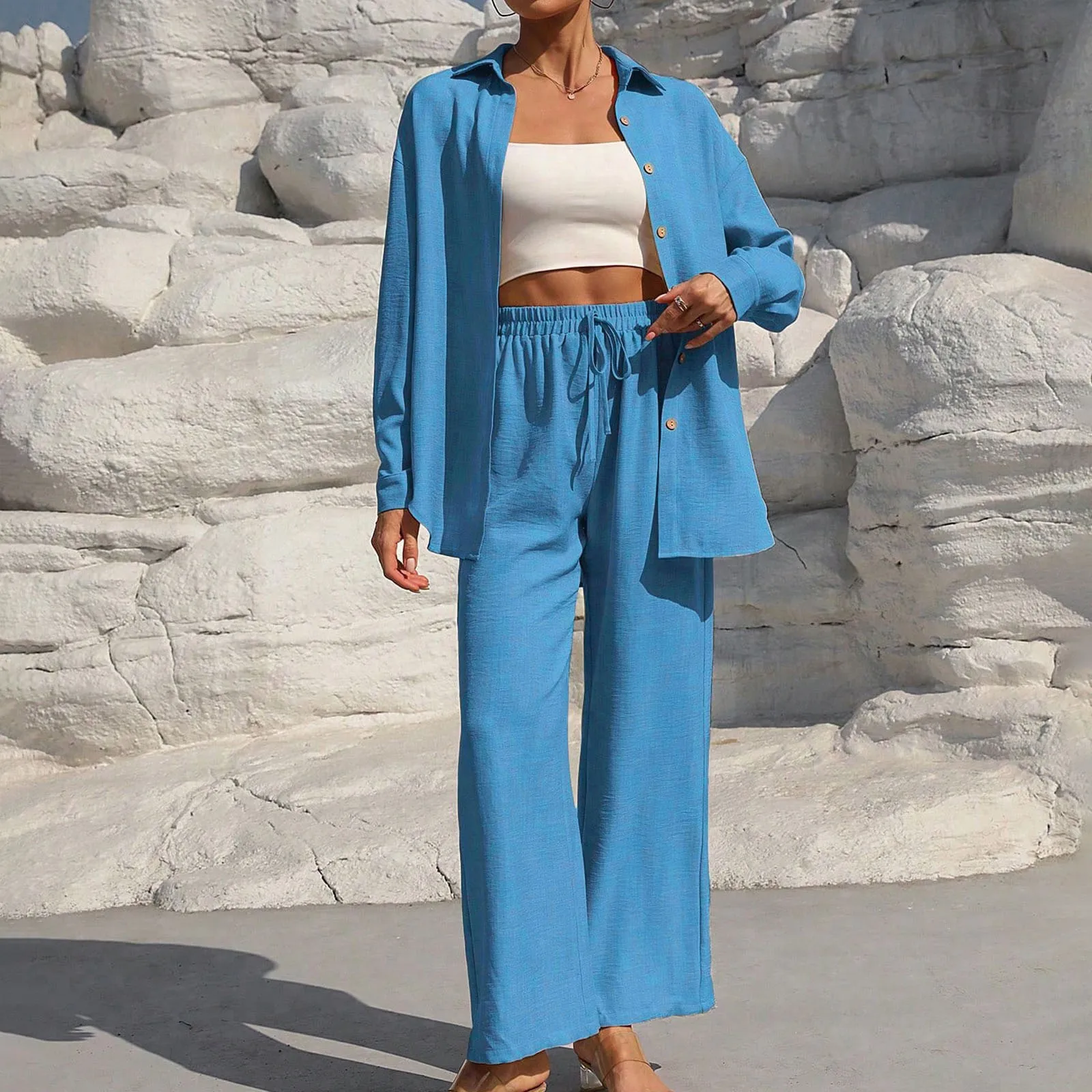 

Long Sleeve Shirt Tops Harem Pants Suit Loungewear Women Pajamas Set Two Piece Set Lapel Shirt Trousers OL Fashion Loose Outfits