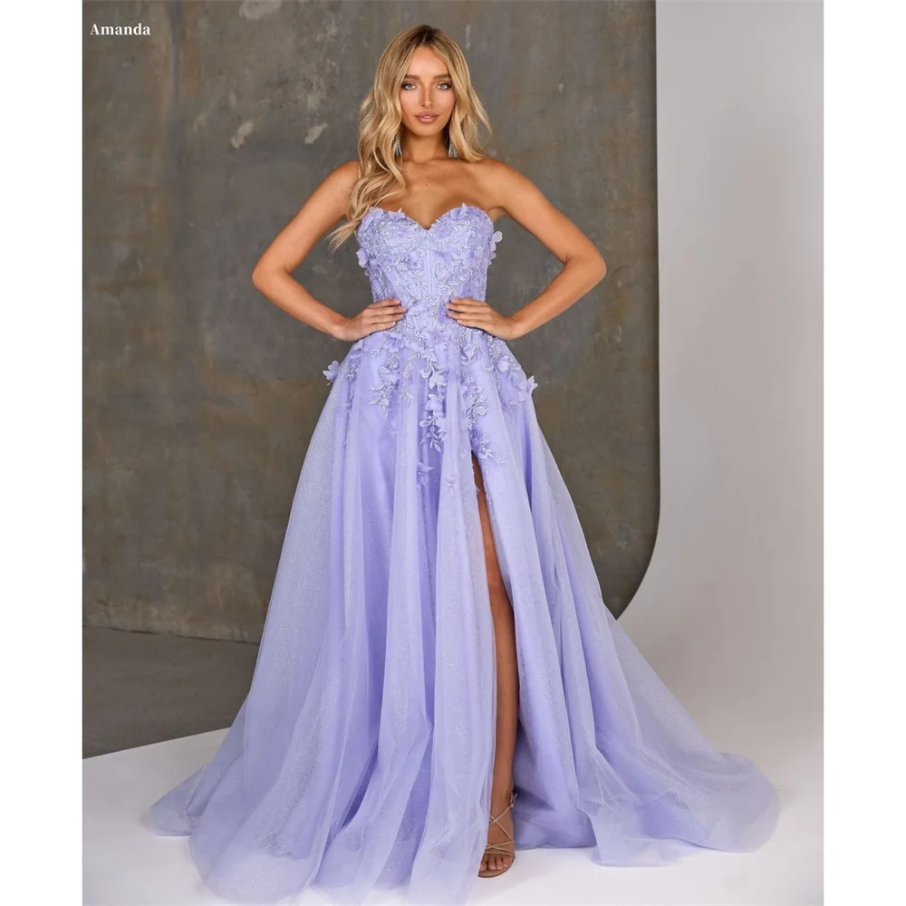 Amanda Customized Purple Strapless Ball Gown Embroidery Prom Dresses Side High Slit vestidos de noche Sleeveless Formal Evening