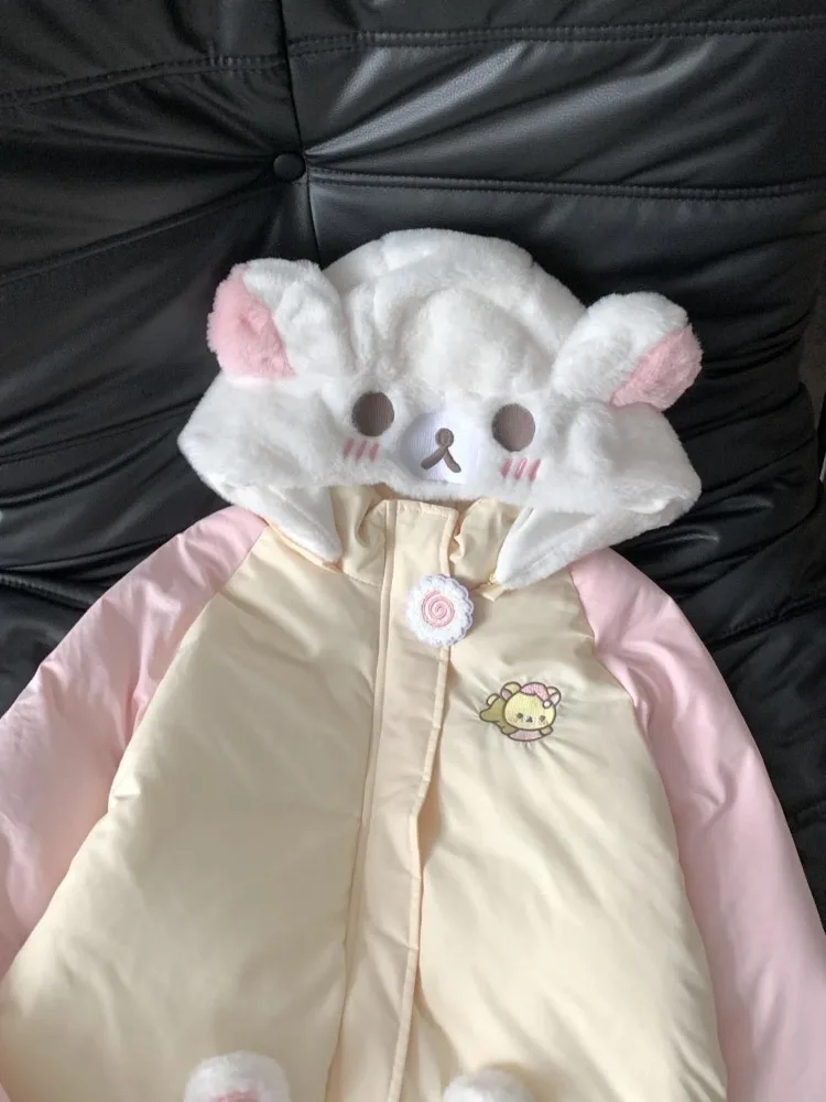 Japanese Kawaii Long Sleeve Parkas Harajuku Cartoon Bear Women Zipper Sweatshirt Sweet Casual Patchwork 2025 Autumn