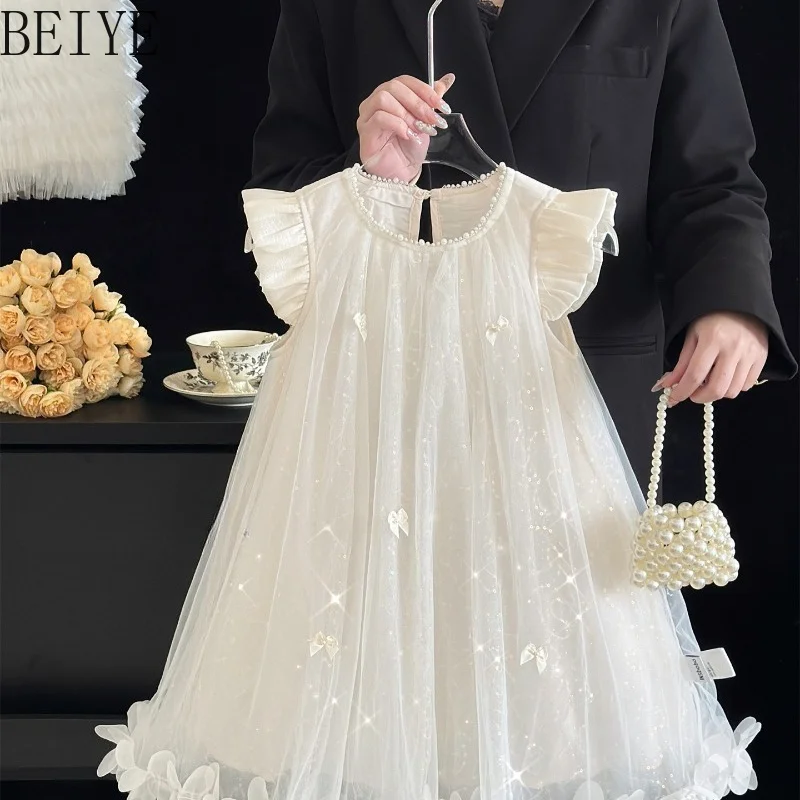 White Glitter Tulle Princess Girls Dress Pearl Neck Ruffle Cap Sleeve Bow Floral Dress Kids Wedding Flower Baptism Tutu Gown