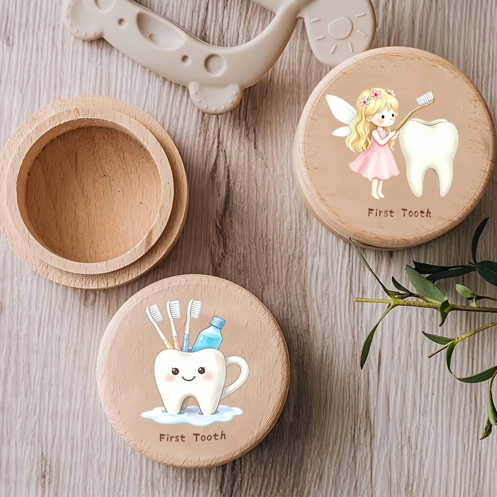 Wooden First Tooth Box with Fun Cartoon Tooth Pattern Design, Umbilical Cord Souvenir Box, Tooth Preservation Box,