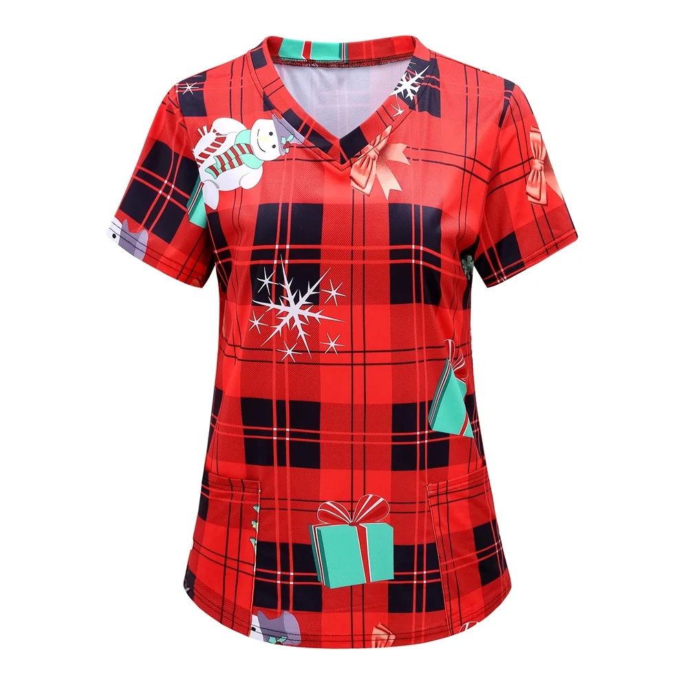 

Clinical Uniforms Christmas Cartoon Series Patterns Dental Nursing Tops V-Neck Short Sleeve Snowman Print Uniforms Women Medical