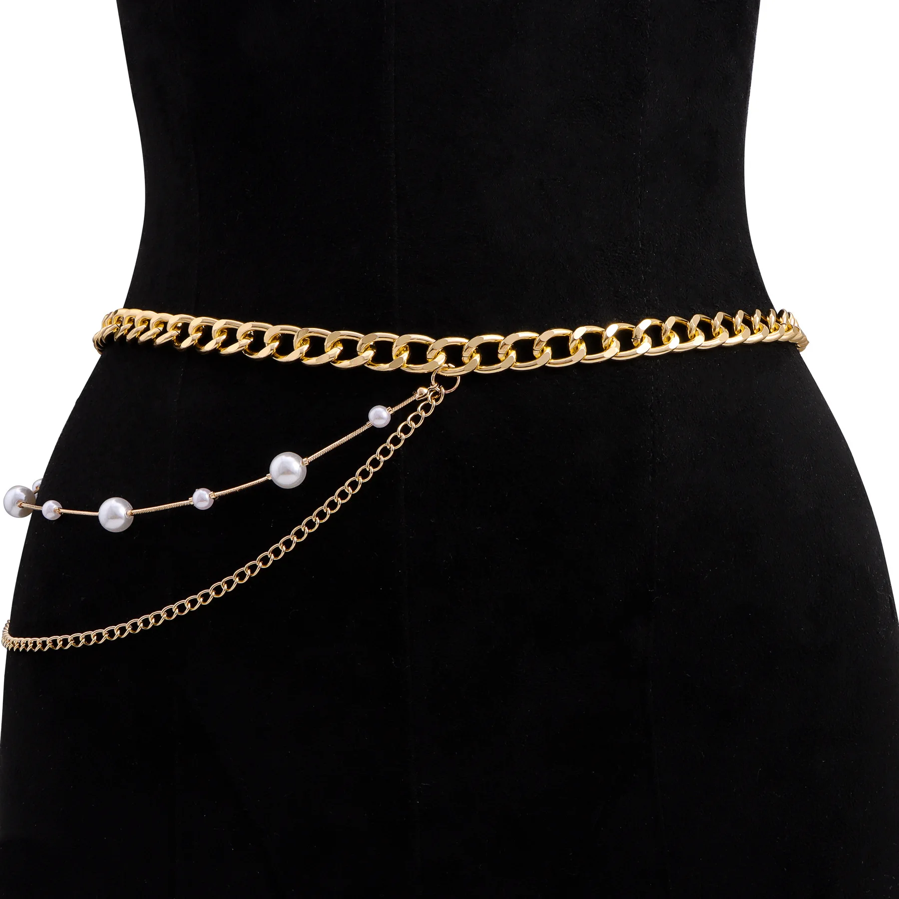 European American Fashion Trendy Elegant Faux Pearl Multi layer Metal Waist Chain for Women Versatile Body Chain Accessory