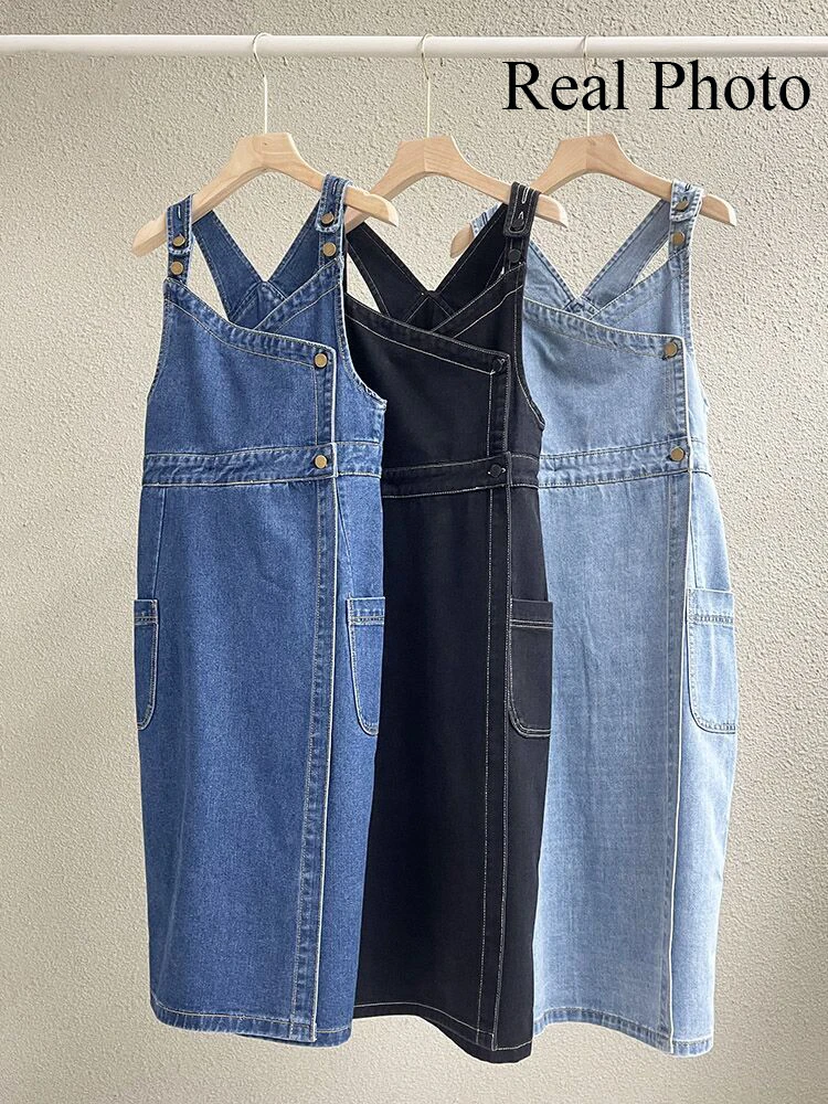 Y2k Cyber Denim Dress Kpop Cotton Women Pockets Midi Bodycon Fairy Sundress Chic Spaghetti Strap Korean Cowboy Overall Dresses