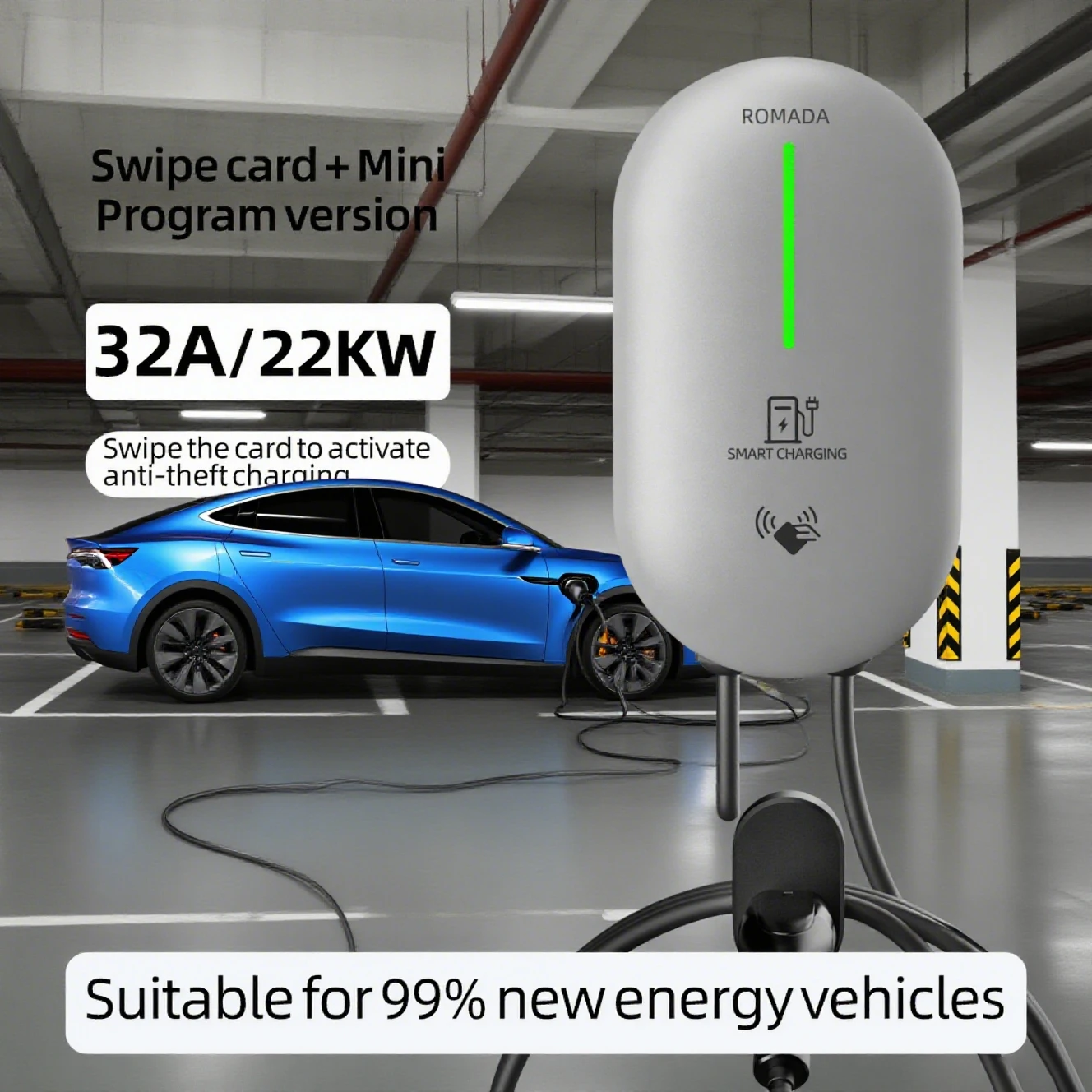

ROMADA 32A EV Charging Station 22KW 3-Phase Electric Vehicle Car Charger Type2 IEC62196-2 EVSE Wallbox with APP Control 5m Cable