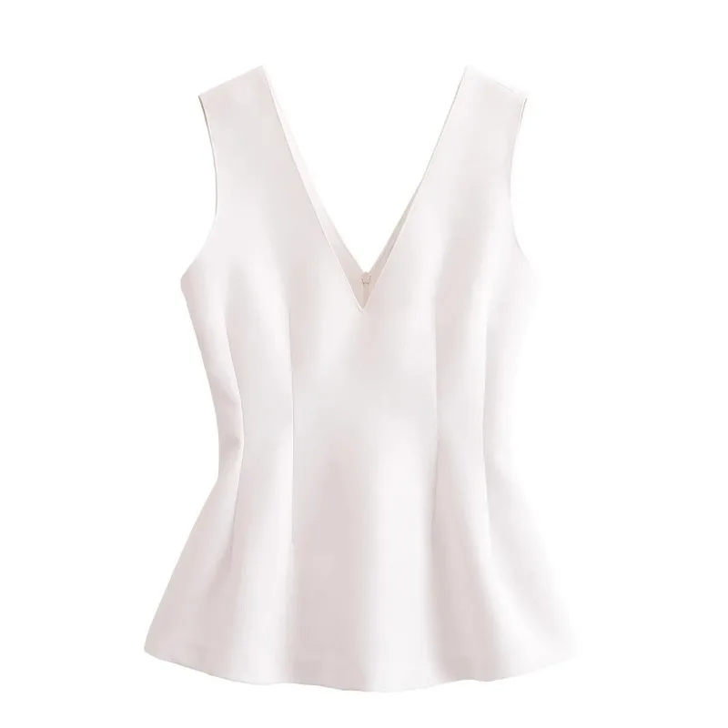 أزياء المرأة الدبابات Vset أنيقة جديدة الصيف شيك المرأة قمم الصلبة الخامس الرقبة أكمام كشكش سستة القمم سيدة الموضة