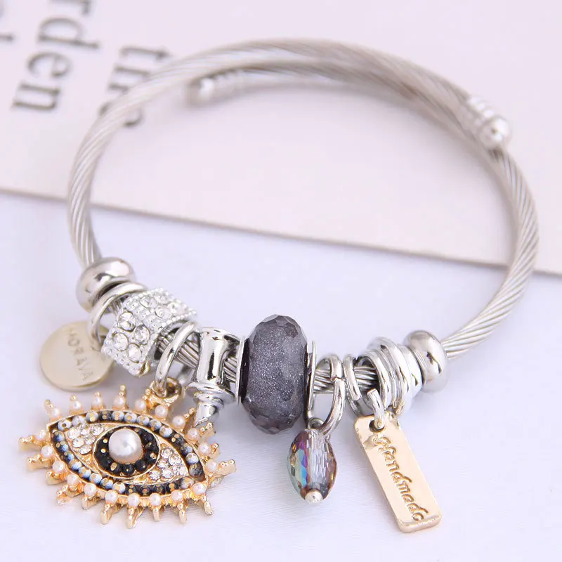 Fashion Stainless Steel Bracelet Wire Lucky Evil Eye Enamel Crystals Bead Bracelet Jewelry Women Gifts Cuff Open Jewelry