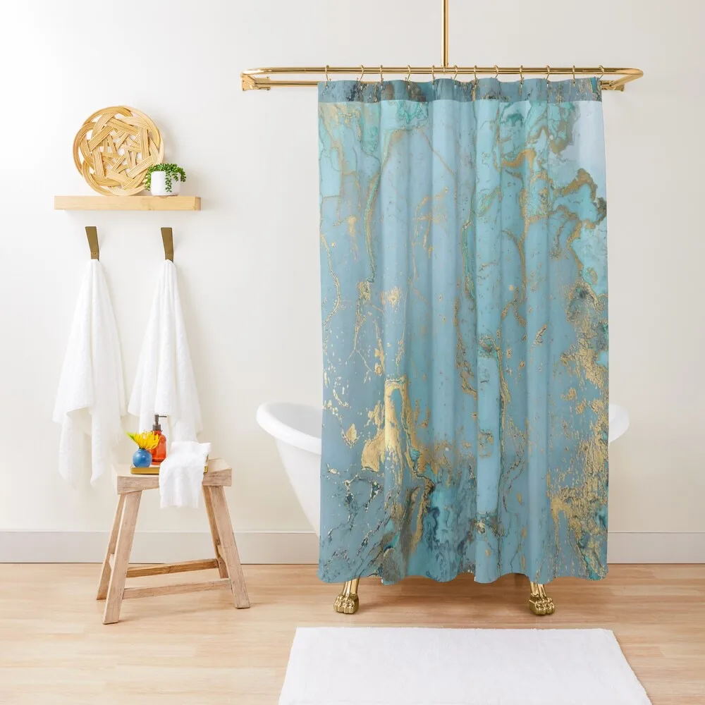 

Marble Design - Gold Effect - Turquoise Blue, Teal Marbling Shower Curtain Cover Bathroom Accessories Elegant Bathroom Curtain