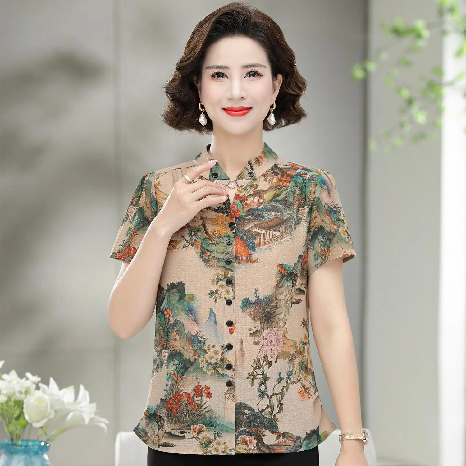 

Summer Short-sleeved Shirt Fashionable T-shirt Top Thin Printed Button Splicing Cardigan