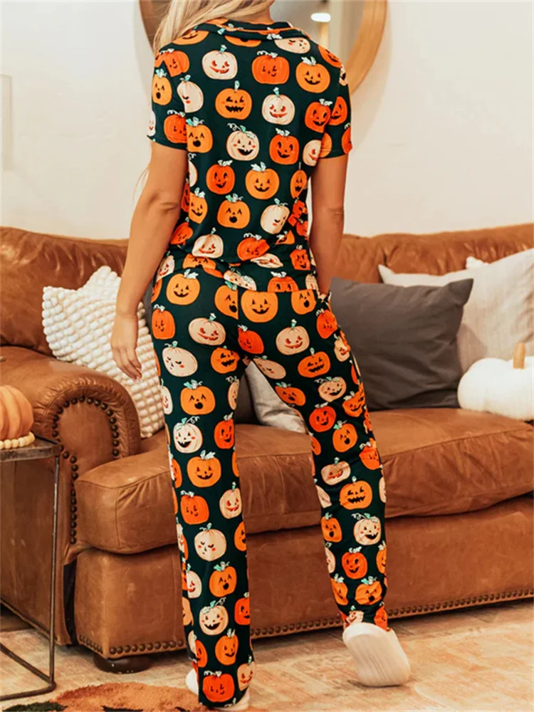 

Dourbesty Halloween 2 Pieces Sleep Pajama Sets for Women Print Short Sleeve Buttons Up Shirts Tops with Loose Casual Pants 2025