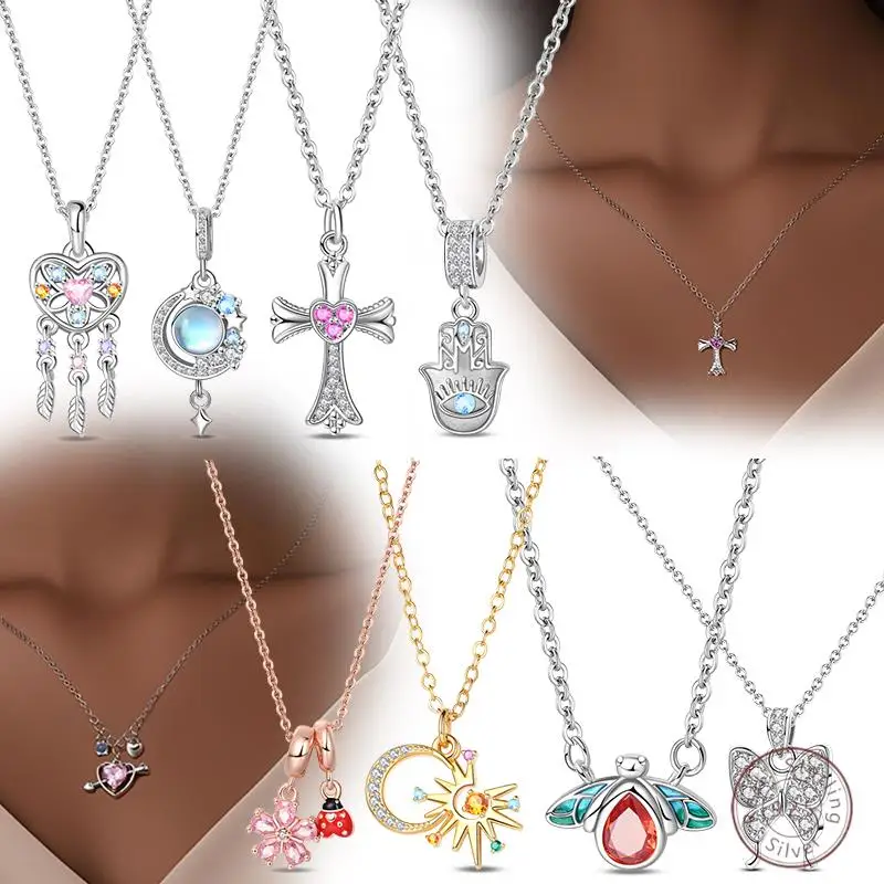 

New 925 Sterling Silver Necklaces Tulip Heart Sun Star Moon Bow Zircon Pendant Necklace fit Women Fashion Jewelry Making Gift