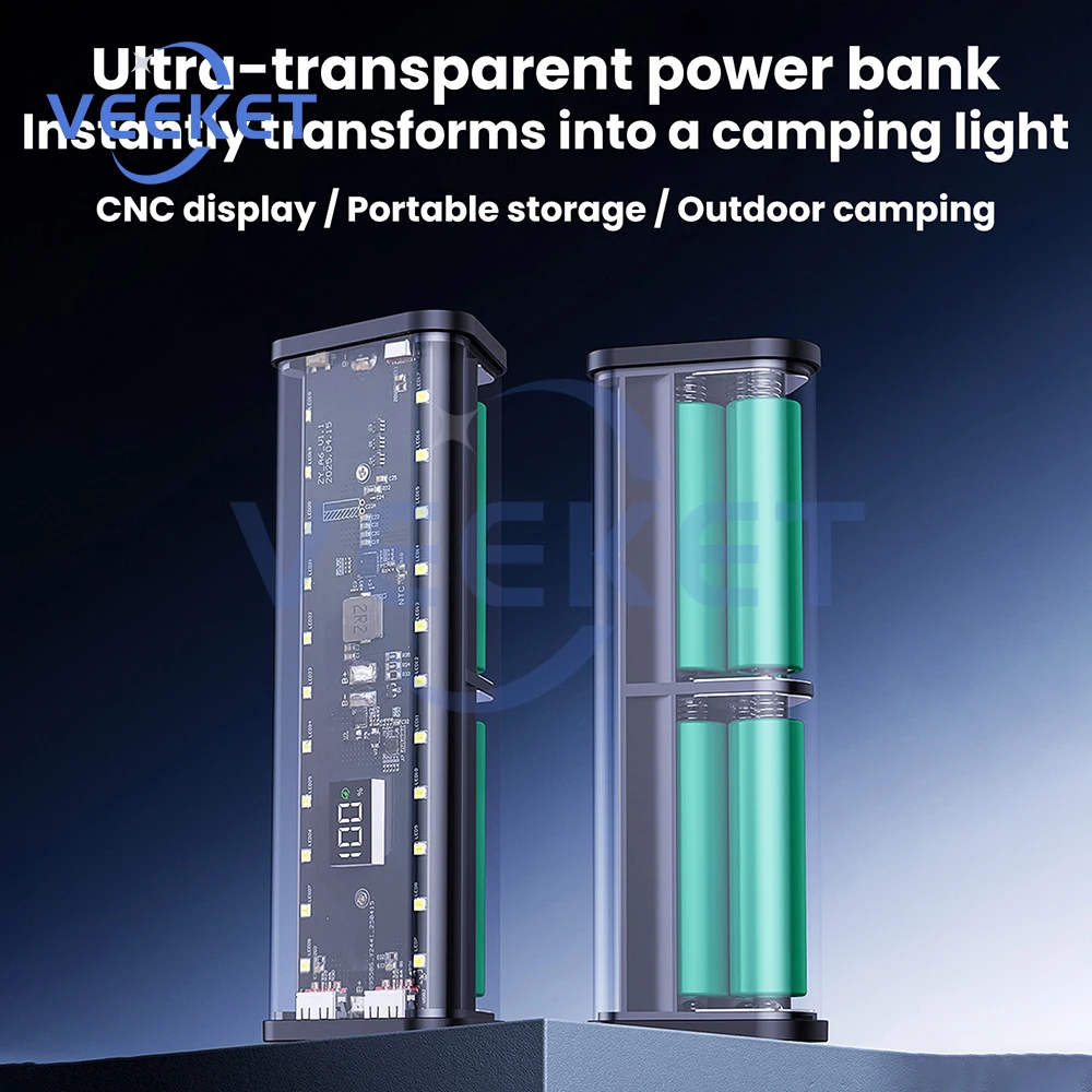 

DIY 18650 Power Bank Kit - Transparent Removable Battery Case with Fast Charging and Camping Light for Outdoor Emergencies