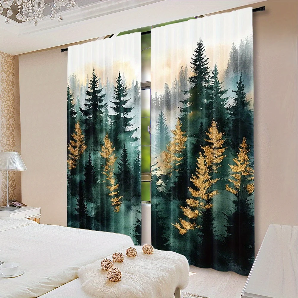 Elegant Forest Scene Curtain Panels with Gold Foliage for Living Room Home Decor Window Treatment