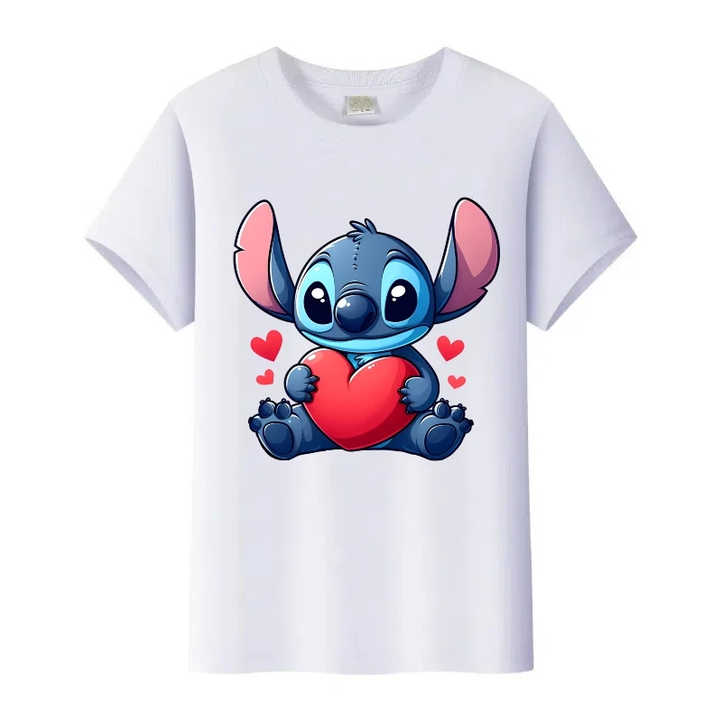 Kawaii ديزني الكرتون غرزة الحب طباعة القمم امرأة Harajuku الفتيات التي شيرت الرجال الصيف البلوزات الأطفال تيز الأسرة تي شيرت الملابس