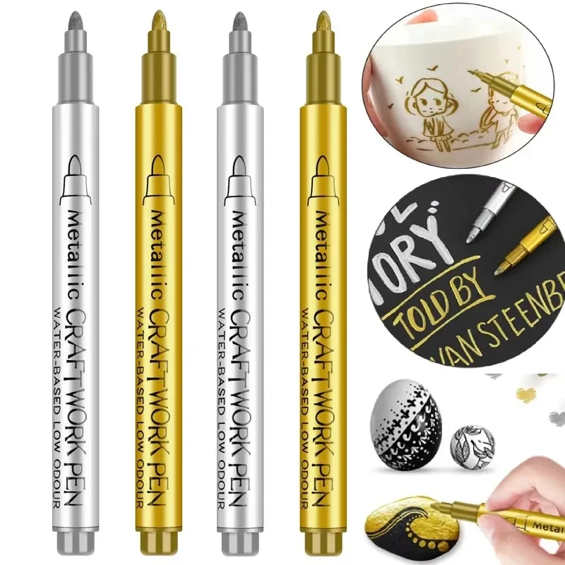 1/2/3/4Pcs Metallic Marker Pen Set Gold Silver Brush Pen Medium Point Markers For Metal Rock Painting Black Paper Card Making