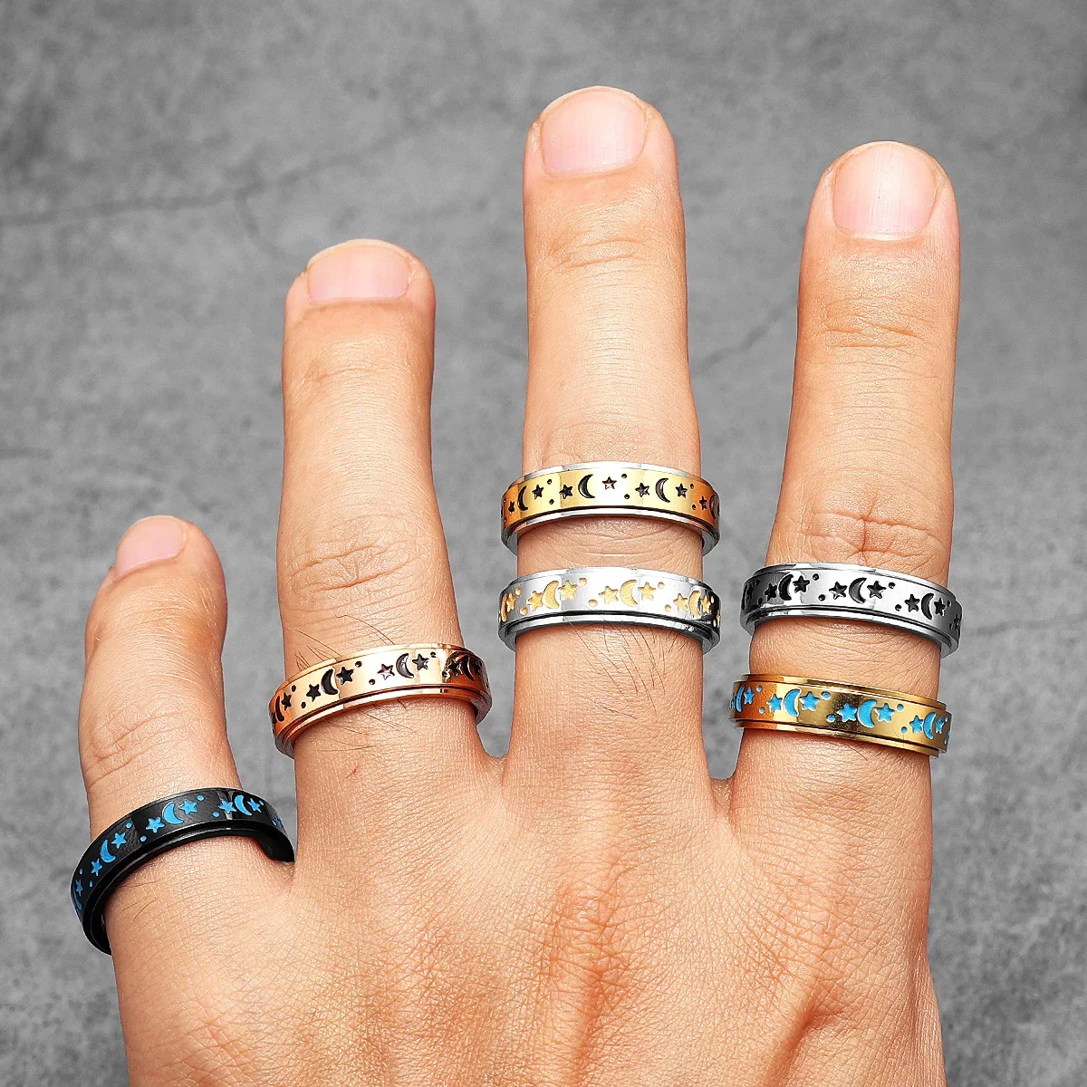 Starry Night Stars Moon Luminous Men Rings Stainless Steel Punk Luxury New In Women Jewelry Fashion Accessories Gift Wholesale