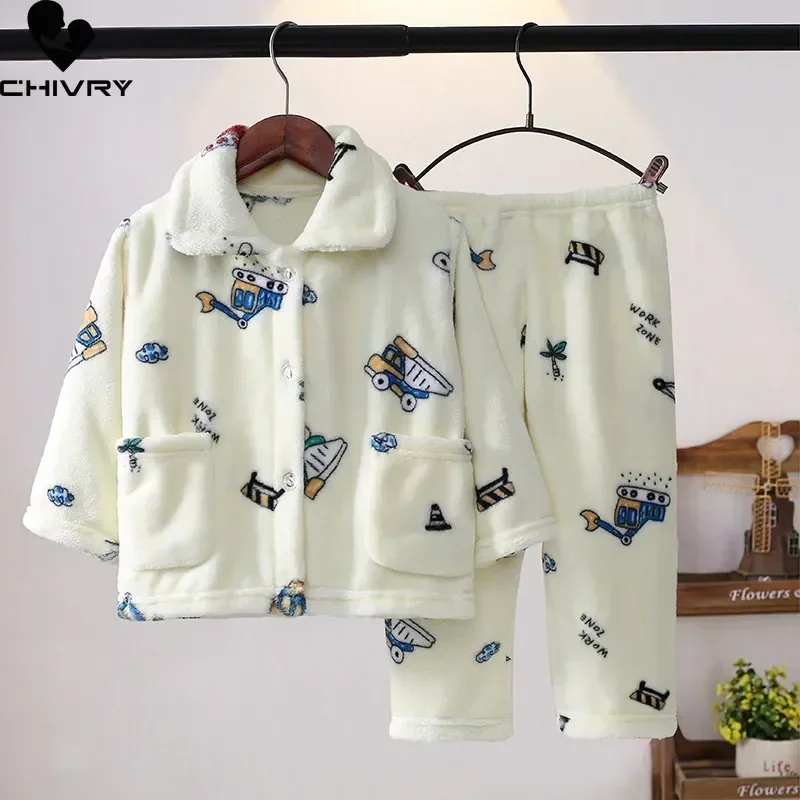 New Kids Boys Girls Autumn Winter Soft Flannel Pajamas Sets Cartoon Long Sleeve Lapel Tops with Pants Pyjamas Sleepwear Clothing