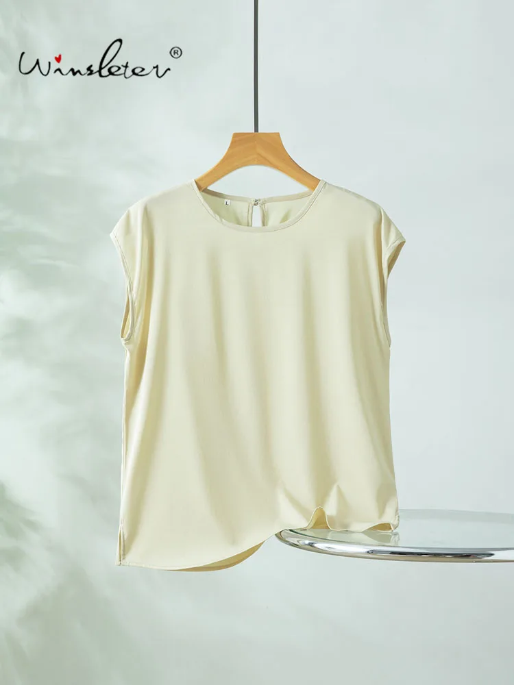 Winsleter-93%Silk 7%Spandex Jianhong Crepe Elegant T-Shirt, O Neck Solid, Women OL Commute Loose Top, 2026 Summer New T67563CC