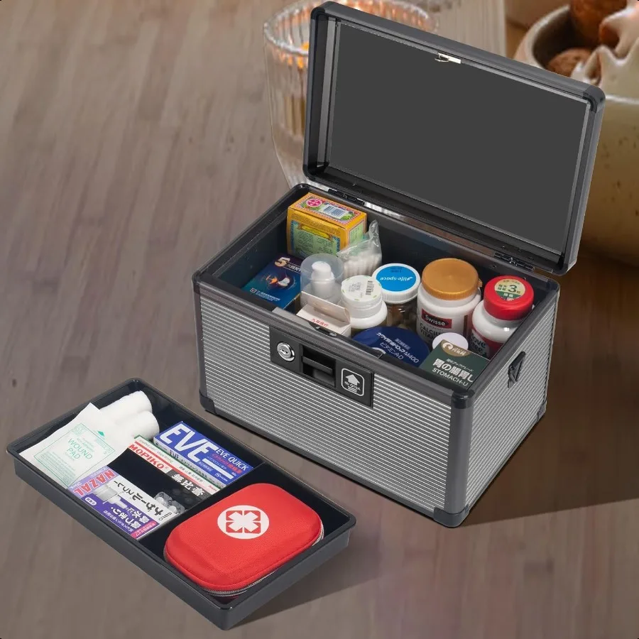 Medicine Lock Box with Key Alluminum Alloy Box for Medication First Aid Box with a Removeable Tray to Store Medicines Pills for