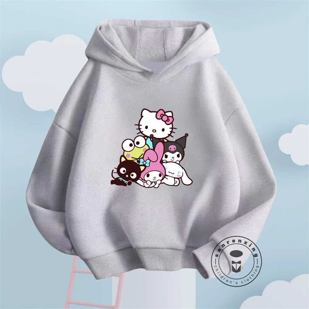 Cheerful Hello Kitty Fashion Hoodies Featuring Solid Colors Vibrant Kawaii Graphics Sanrio Autumn and Winter Tops for Children