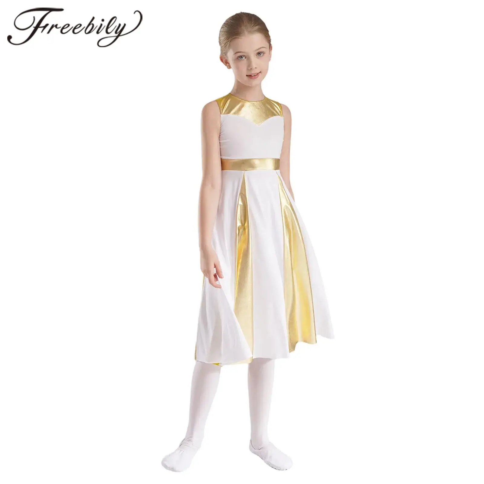 Kids Girls Metallic Praise Dance Dress Color Block Sleeveless Liturgical Dancing Dresses Children Church Worship Costume Robe