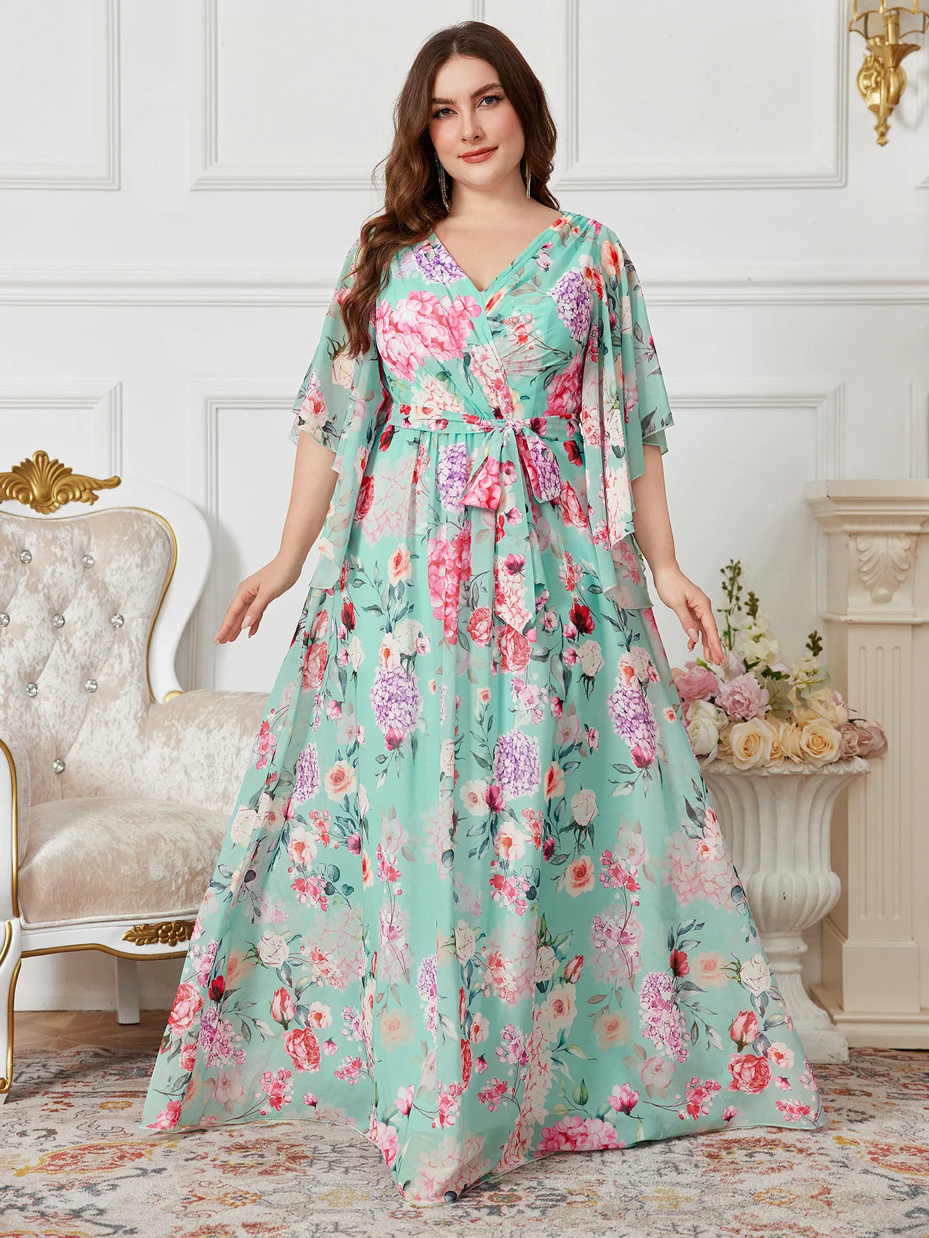 

UNITHORSE Plus Size Floral Print V-Neck Chiffon Flounce Sleeve Pleated Waist Elegant Dress