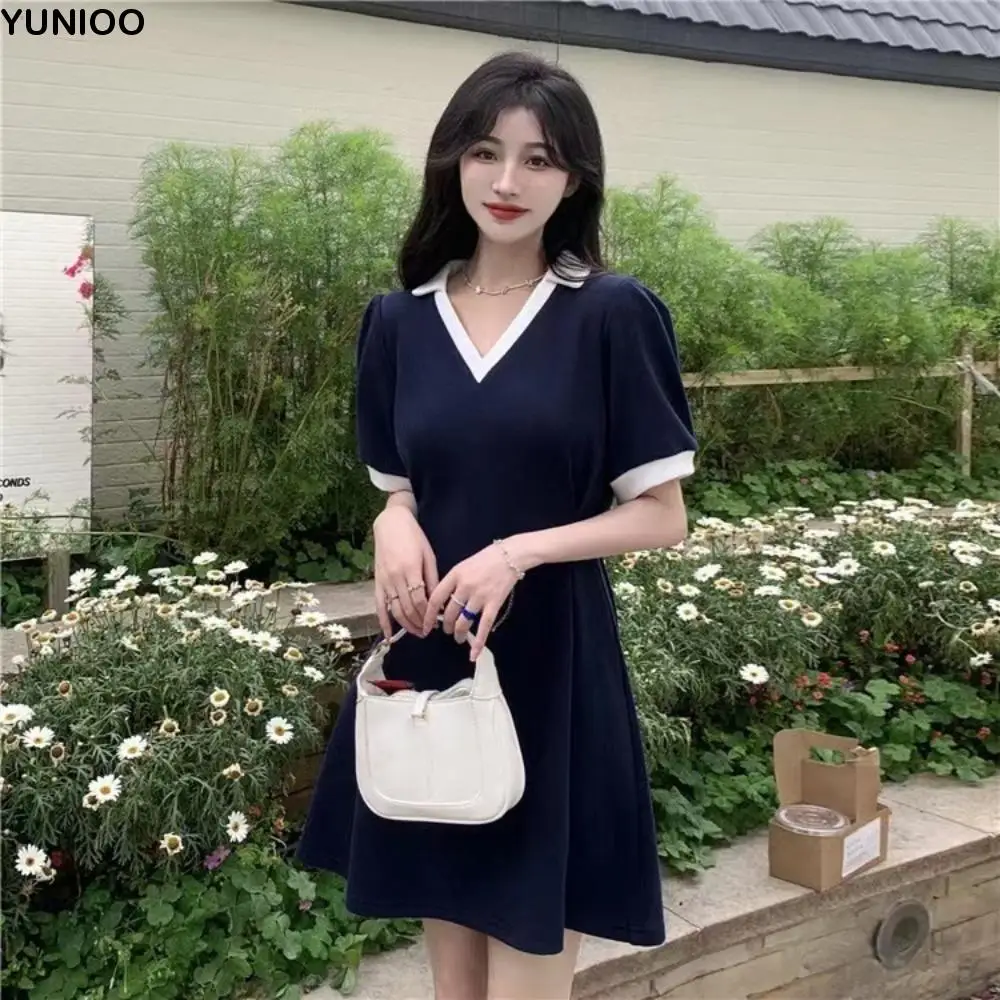 

Модное синее короткое платье трапециевидной формы с v-образным вырезом, облегающее элегантное мини-платье в стиле пэчворк, простое платье с высокой талией для отдыха