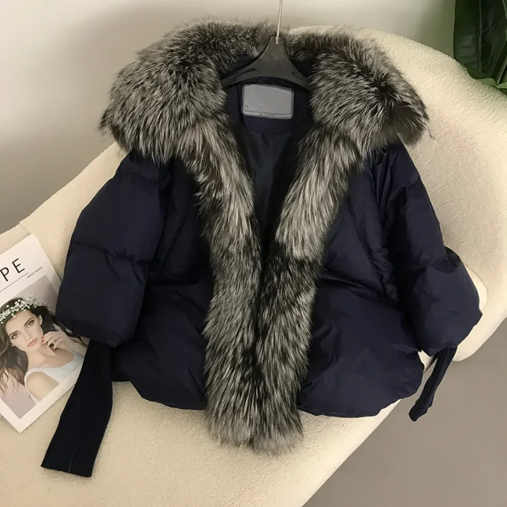 Down Jacket Women  Autumn Winter 2024 New White Duck Down Jacket Fur Coat Spliced Fox Fur Coat Detachable Raccoon Fur Warm