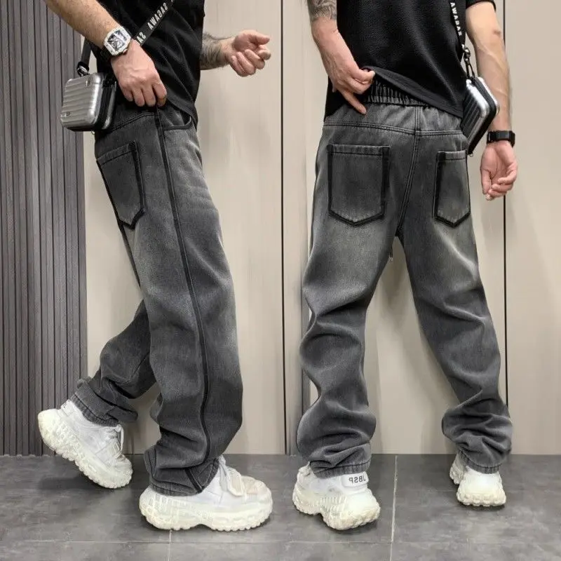 

Ретро-джинсы в американском стиле, выцветшие, свободного кроя, для скейтбординга, повседневные, прямые, мужские, длинные брюки, летние, универсальные, из хлопка, эластичные