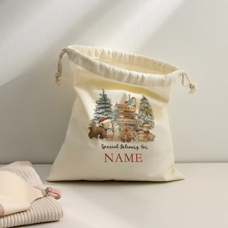 Borsa con coulisse beige natalizia con orso personalizzato, regalo di Natale, elegante, alla moda, di fascia alta e di alta qualità per la madre e la sorella