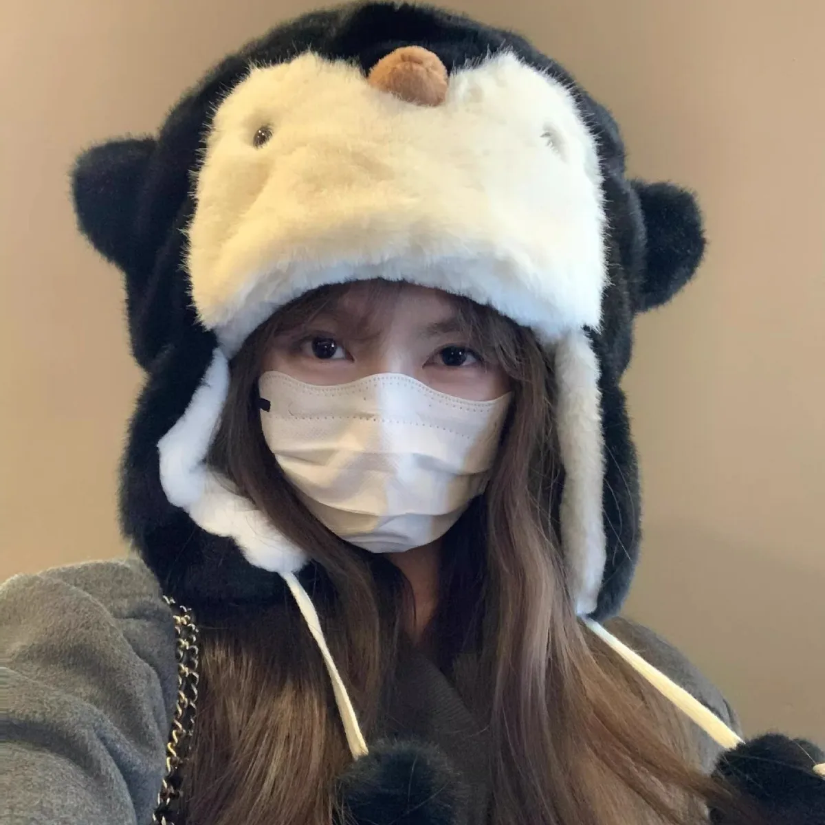 قبعة البطريق اللطيفة من القطيفة للسيدات للخريف والشتاء للحماية من البرد سميكة ودافئة لحماية الأذن تظهر الوجه قبعة تزلج صغيرة لركوب الدراجات #1