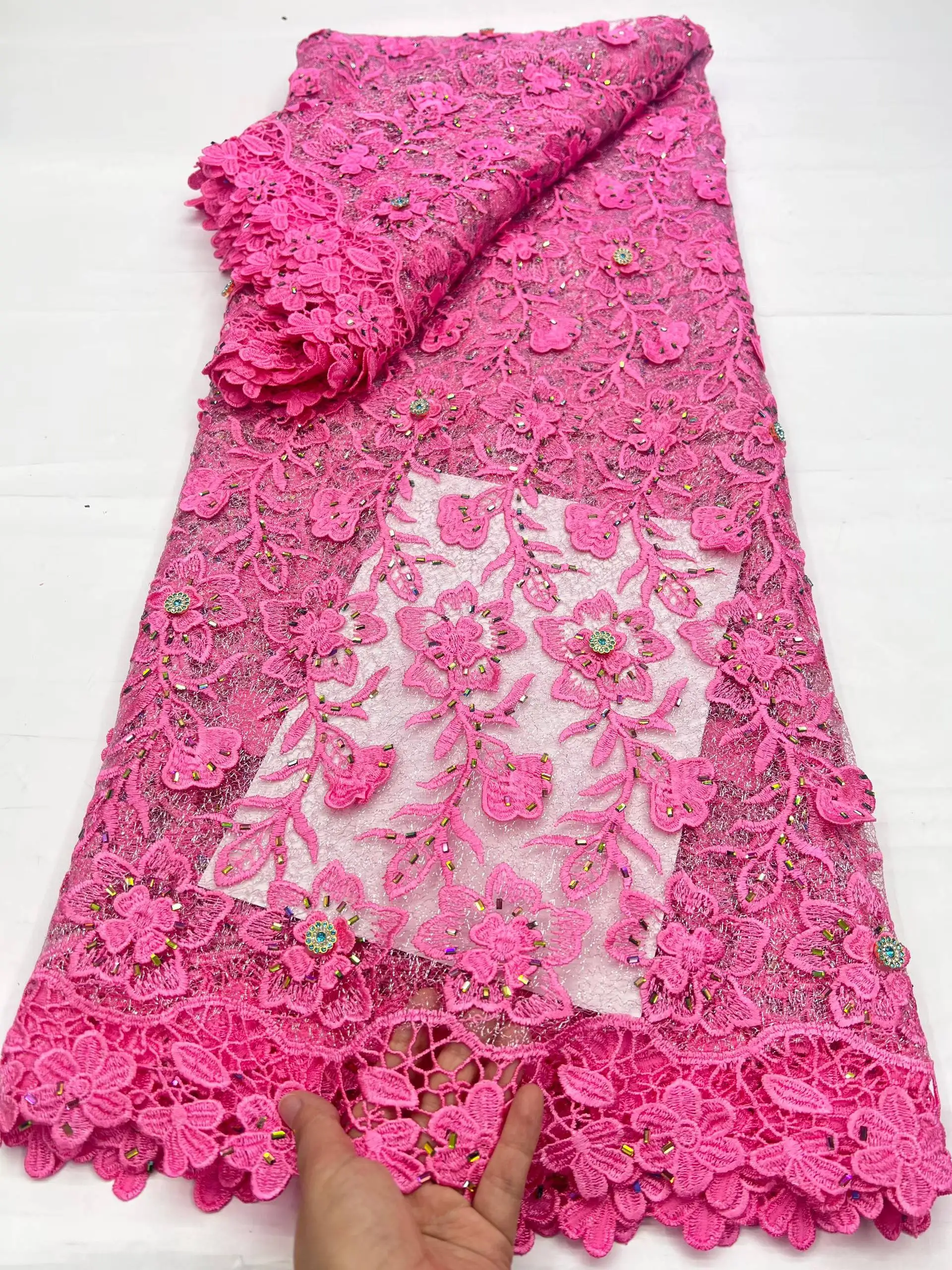 

Nigerian Cord Lace Fabric African Mesh Lace Fabric 2026 High Quality French Stones Lace Fabric 5 Yards For Wedding Dress