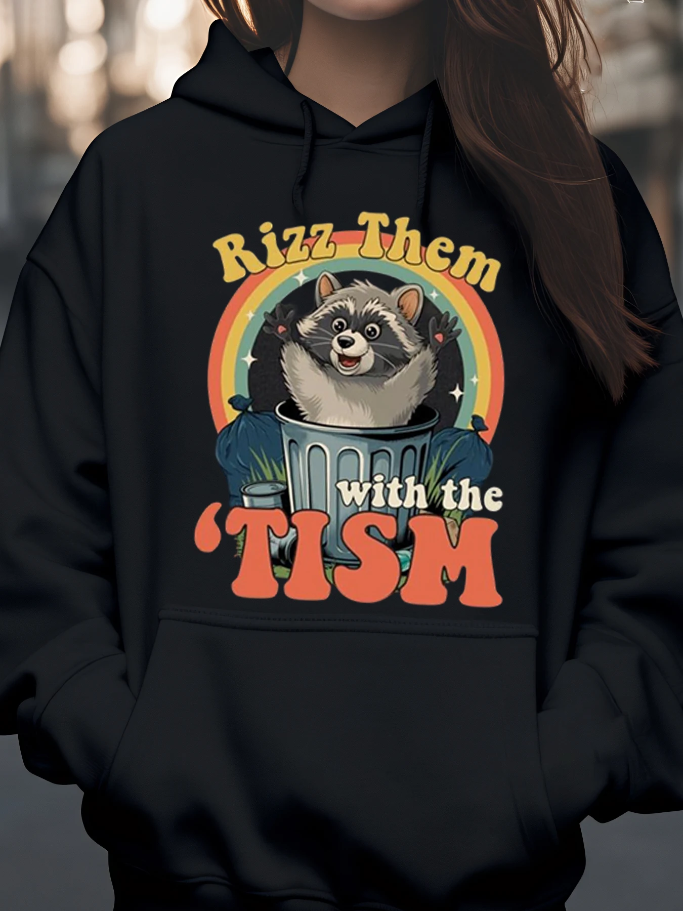 

Толстовка с радужным принтом Rizz Them with the Tism Raccoon, повседневная уличная одежда для женщин и мужчин