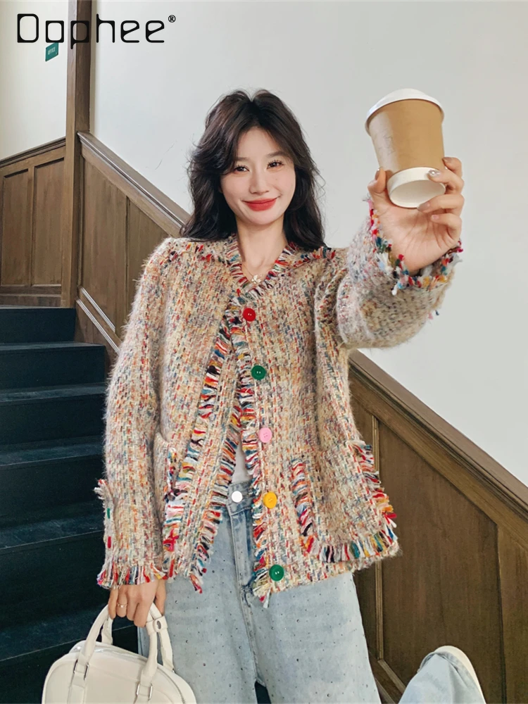 Giacca con frange di colore dolce temperamento donna primavera autunno nuova moda grazioso cappotto cardigan lavorato a maglia allentato monopetto