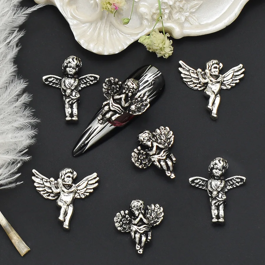 10PCS Antique Silver Vintage Dark Angel Nail Decoration Accessories Cool Gothic Nail Charms Supplies For DIY Manicure Decor