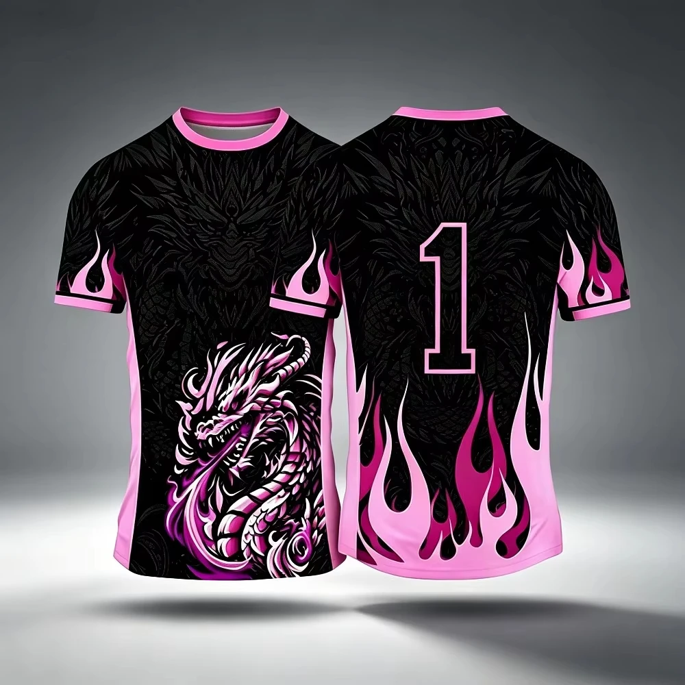 Summer Men Pink Black Dragon Flame Soccer Jersey Number 3D Short Sleeve Breathable E-sports Team Training Fashion Sport T-shirt