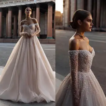 Splendide perle A Line abito da sposa paillettes con perline scintillanti abiti da sposa con spalle scoperte maniche lunghe Sweep Train abiti da sposa