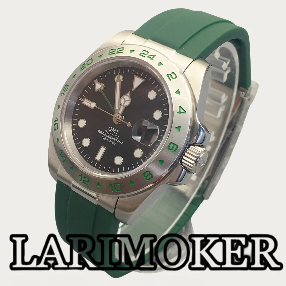 LARIMOKER 40mm Rhonda 515-24H GMT Men\'s Watch 24Hours SilverFixed Bezel With Green Number Sapphire Crystal Green Luminous Date