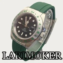 LARIMOKER 40mm Rhonda 515-24H GMT Men's Watch 24Hours SilverFixed Bezel With Green Number Sapphire Crystal Green Luminous Date