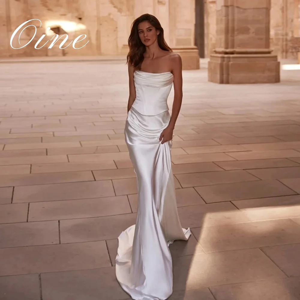 Oine Simple Ivory Satin Mermaid Wedding Dresses lady Customized Strapless Bridal Dress with Train Long Sleeveless Vestido Bride