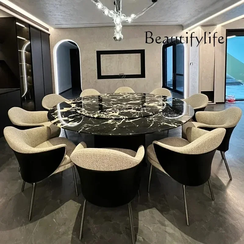 

BJ Household Marble Round Dining Table With Turntable Premium Living Room Rock Slab Natural Black Luxury Stone Dining Table Vill