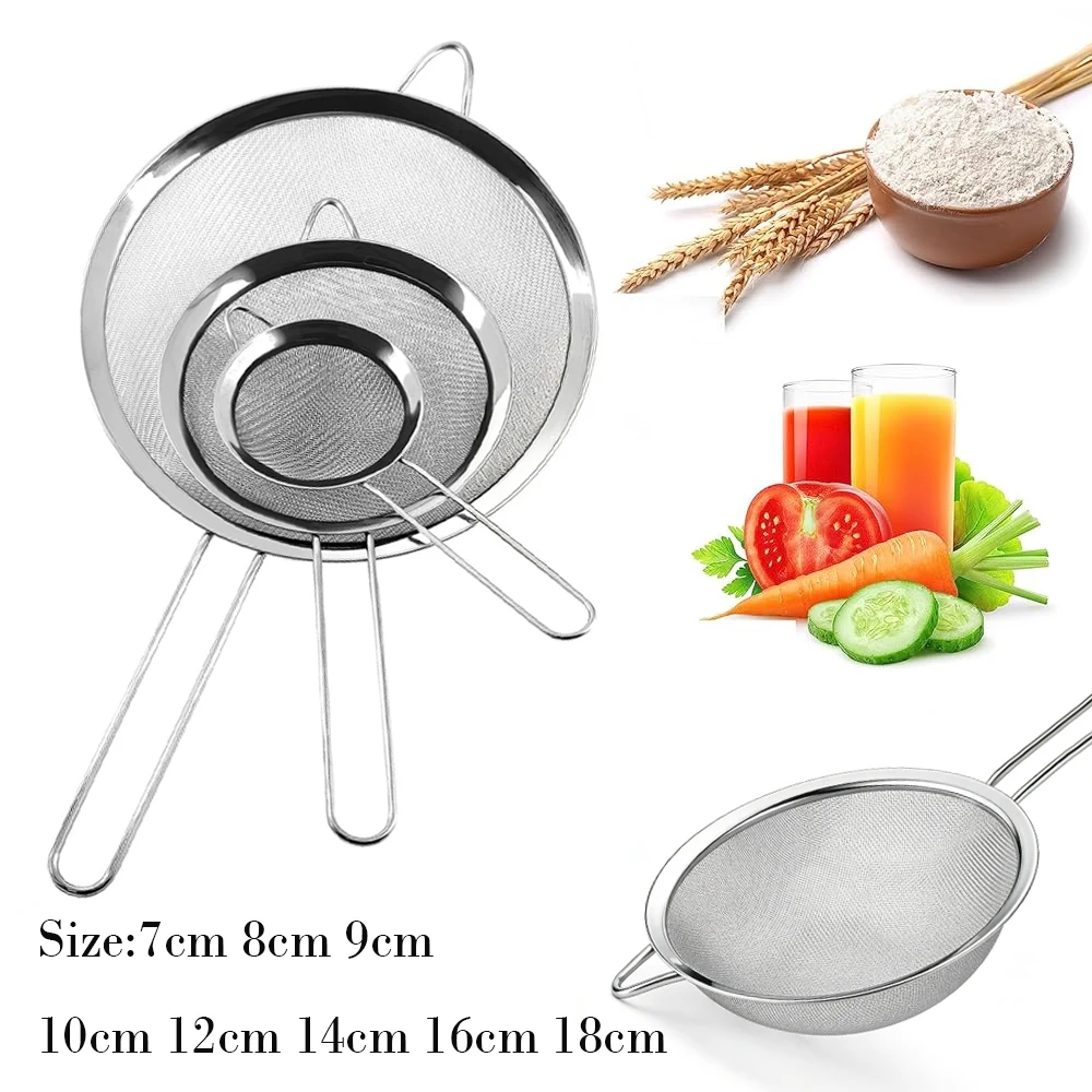 1-4pcs Fine Mesh Strainers Set Stainless Steel Multipurpose Flour Sieve Sifter With Handle Perfect For Tea Flour Egg Kitchen To