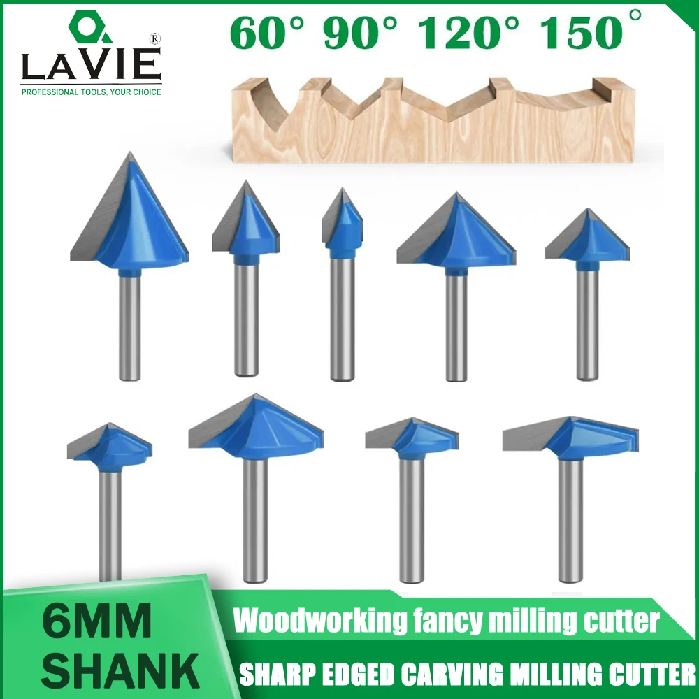 

LAVIE 1pc 6mm Shank 60 90 120 150° V Type Slotting Cutter Bit CNC Engraving Solid Router Bit Carbide Milling Cutter Tools מקדח