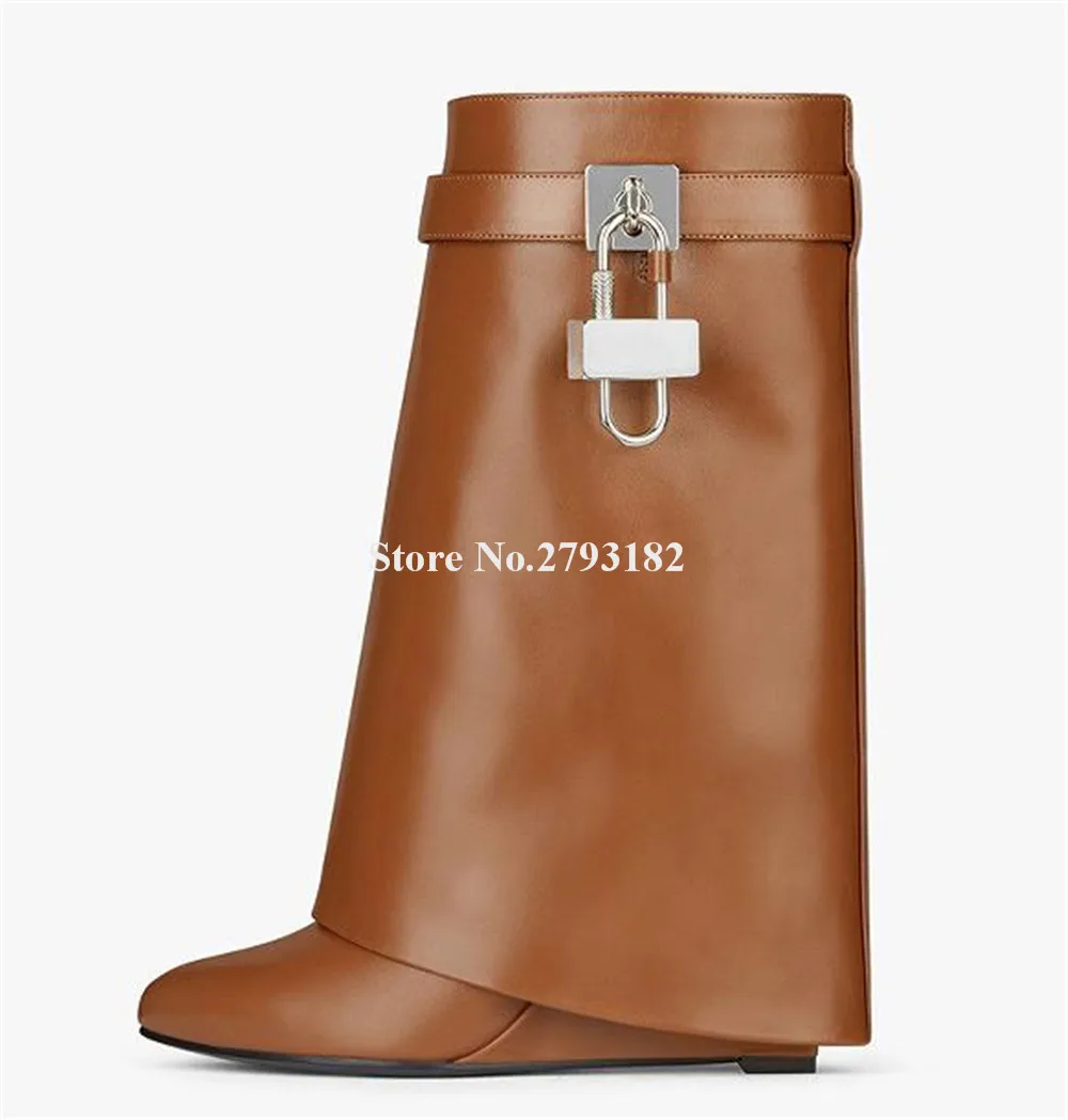 

Newest Women Round Toe Wedge Mid-calf Boots Sexy Metal Lock Decorated Brown Black Purple Matte Leather Short Boots